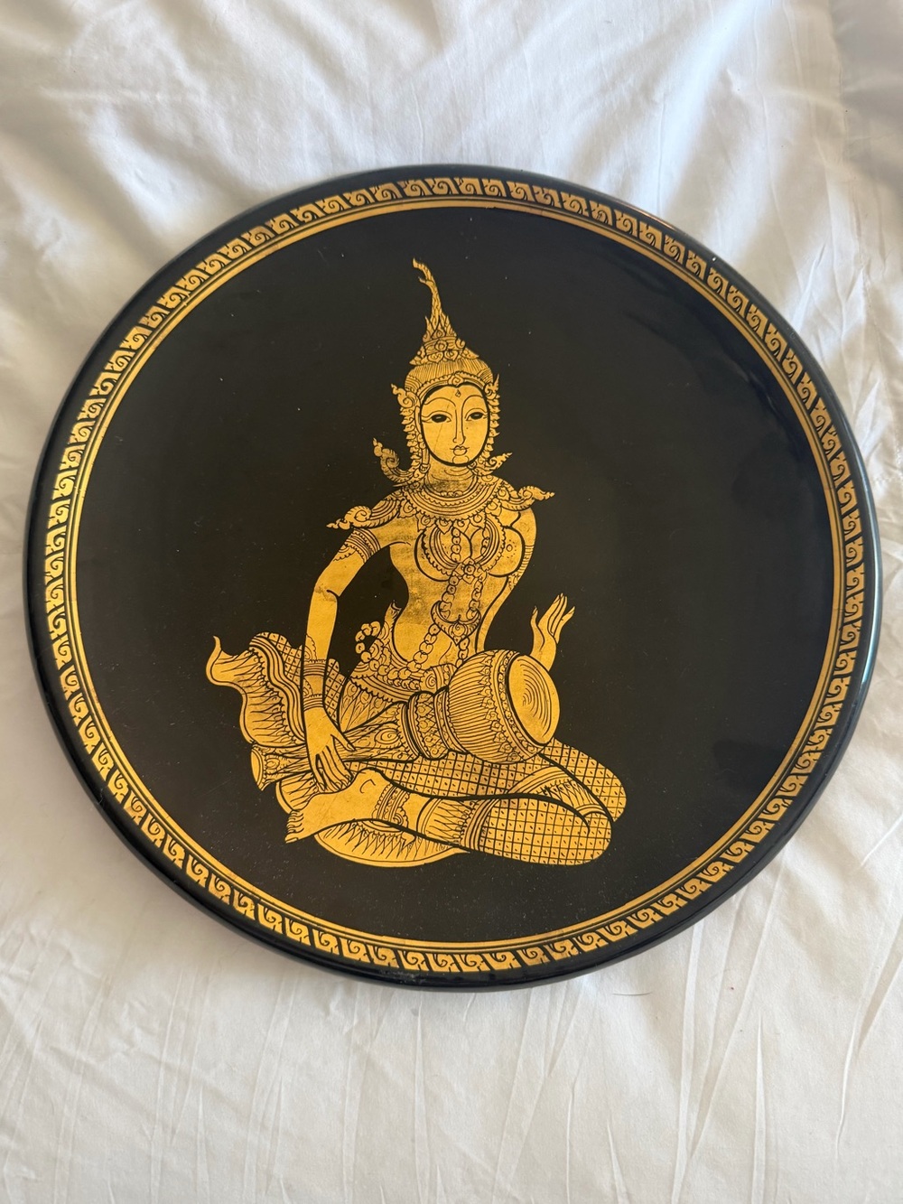 Authentic Thai Lacquer Wood Plate with Gold Thai Dancer